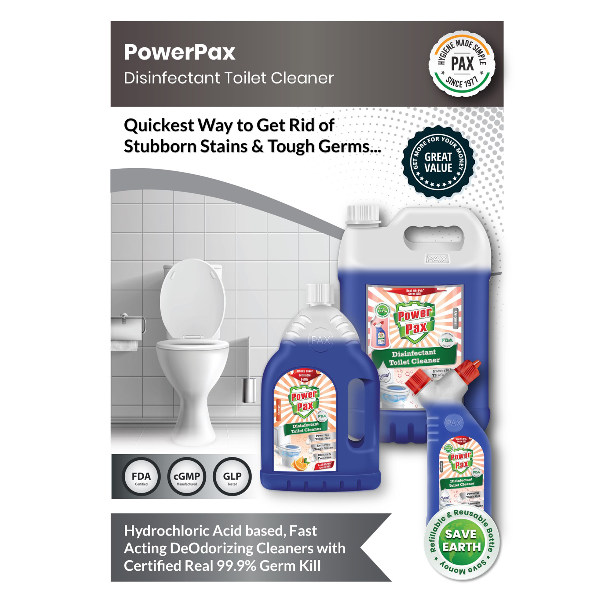 PaxChem PowerPax Disinfectant Toilet Cleaner, Quickest Way to Get Rid of Stubborn Stains & Tough Germs... Hydrochloric Acid based, Fast Acting DeOdorizing Cleaners with Certified Real 99.9% Germ Kill 